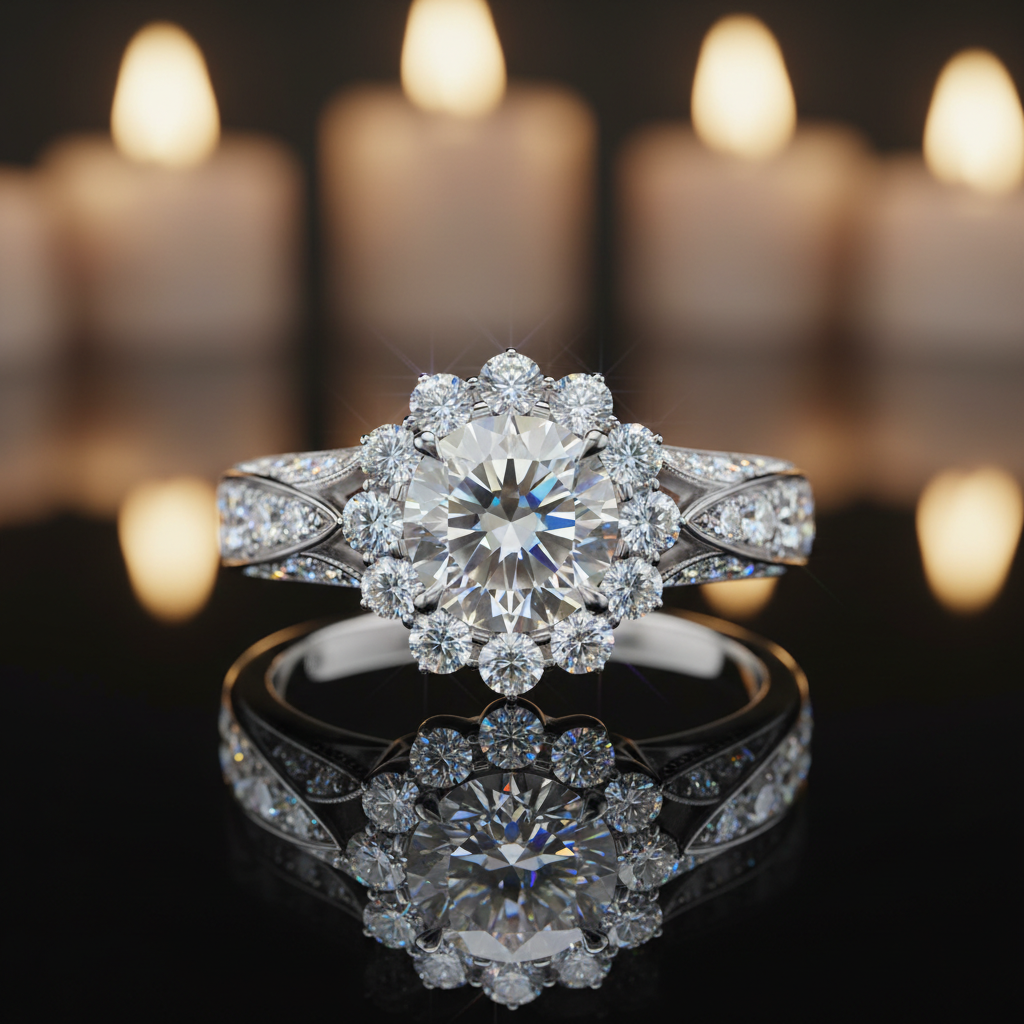 Exquisite diamond ring featuring a brilliant-cut center stone surrounded by delicate accent diamonds. This stunning piece is perfect for engagements, anniversaries, or as a statement piece.

Conflict-free diamonds
Premium metal band
